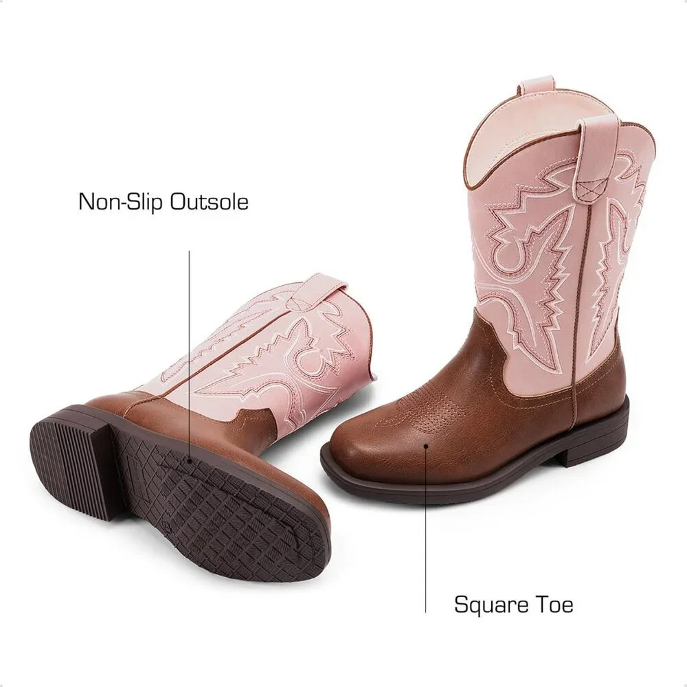 ⚡Girls Pink Brown Cowboy Boots Toddler Mid Calf Western Square Toe Riding Boot